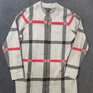 Tahari Cardigan Sweater Womens 1X Gray Plaid Collarless Open Pockets Knit